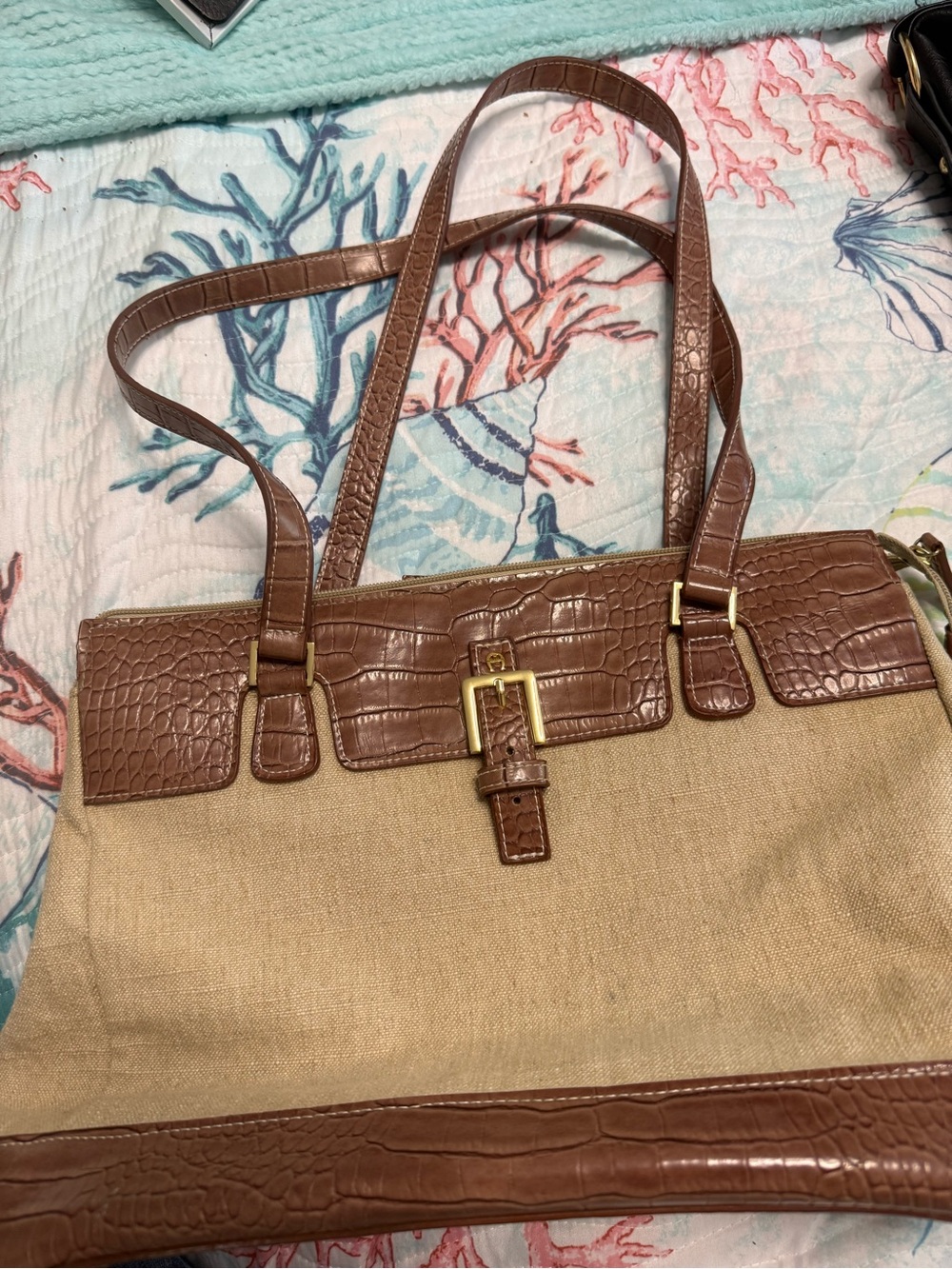 Etienne Aigner Beige Canvas Shoulder Bag with Brown Croc-Embossed Trim